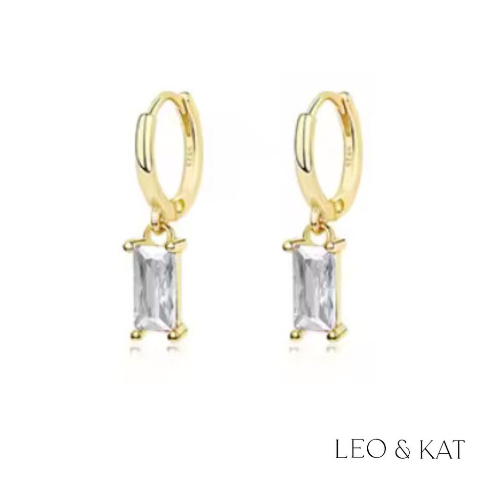 Baguette Zircon Dangle Huggie Earrings Gold & Silver. 925 Sterling Silver. #1040
